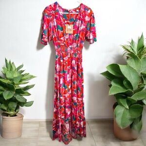 ATL Floral Flutter Sleeve V-Neck Maxi Dress